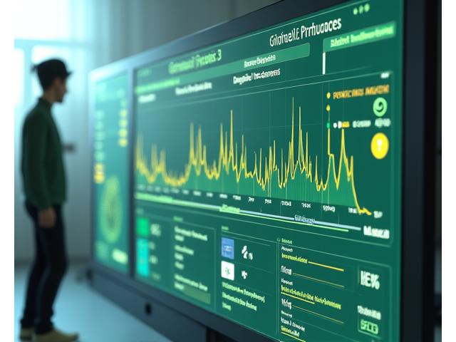 Echtzeit-Predictive-Analytics-Dashboard, das zukünftige Systemleistungen und Wartungsbedarfe für eine geothermische Anlage prognostiziert, im Stil eines Sci-Fi-Interfaces.