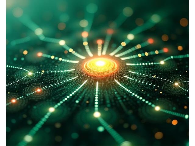 Abstraktes 3D-Rendering einer AI-Engine, die komplexe Datenflüsse in Echtzeit verarbeitet und optimiert, dargestellt mit leuchtenden Verbindungen und dynamischen Knoten.