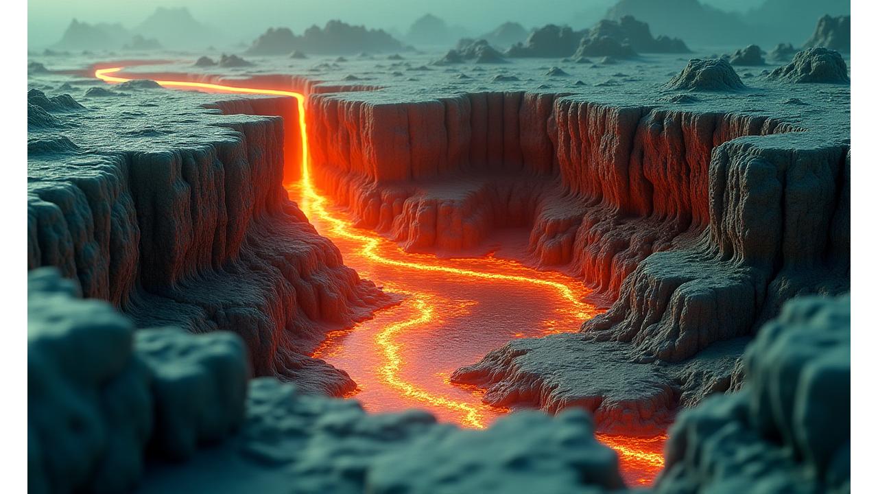 3D-Simulation einer geothermischen Bohrung tief im Erdinneren, mit leuchtenden Kanälen