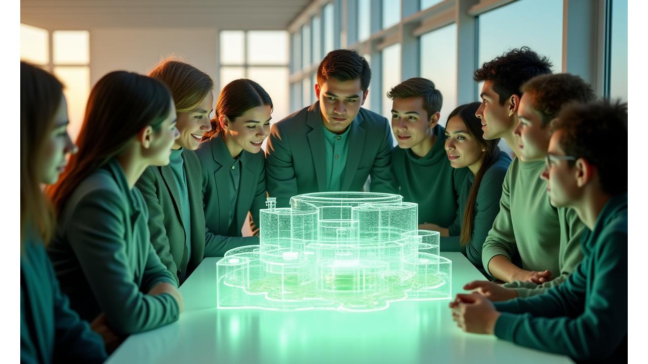 Diverse Gruppe von Studierenden und Fachleuten, die gemeinsam ein Geothermie-Modell einer Präsentation folgen.