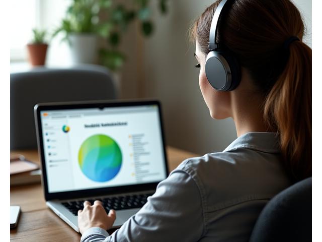 Person mit Kopfhörern, die an einem Laptop einen Online-Geothermie-Kurs absolviert