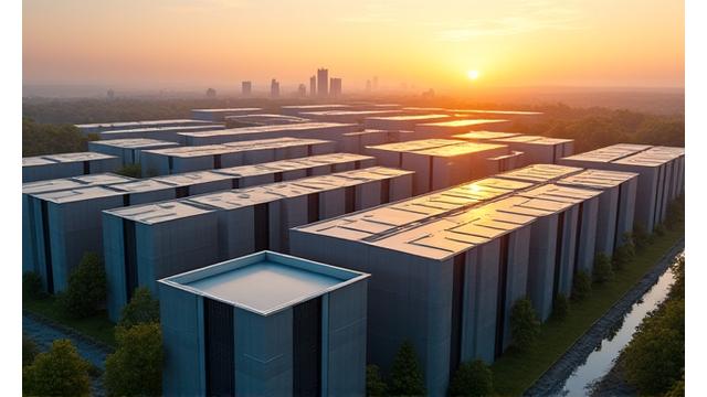 Modernes Rechenzentrum in Düsseldorf bei Sonnenuntergang