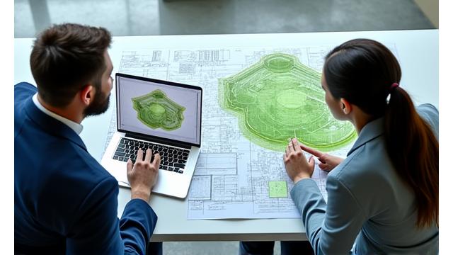 Ingenieure am Schreibtisch mit Bauplänen
