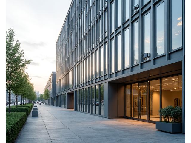 Modernes Bürogebäude in der Kölner Straße, Düsseldorf, tagsüber, mit Blick auf den Eingang des Erdwärme Hub Büros.
