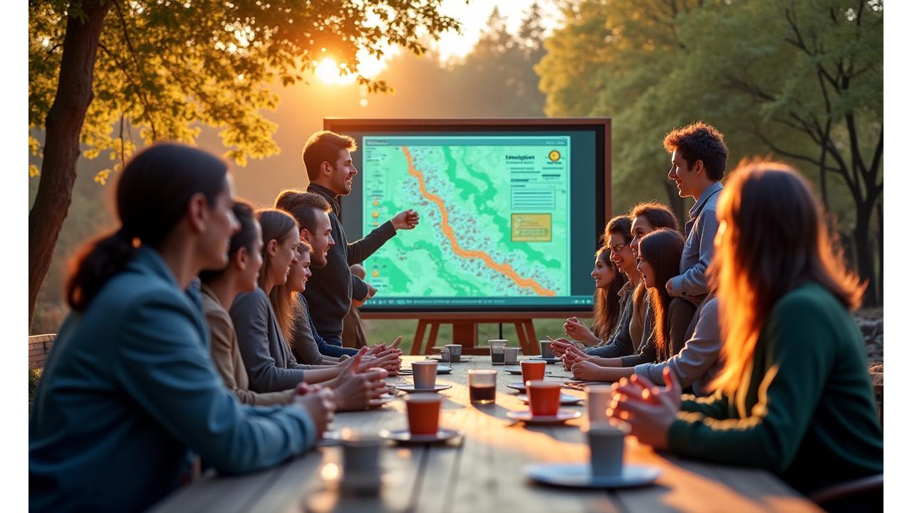 Eine lebendige Szene, die ein Gemeinschaftstreffen oder einen Workshop in einem modernen städtischen Park zeigt. Eine Gruppe vielfältiger Bürger (verschiedenen Alters und Ethnien) diskutiert engagiert vor einem digitalen Bildschirm oder einer interaktiven Karte, die Geothermie-Infrastruktur oder Energieflussdaten darstellt. Das Ganze strahlt Gemeinschaft, Innovation und Nachhaltigkeit aus. Der Stil ist einladend und modern.