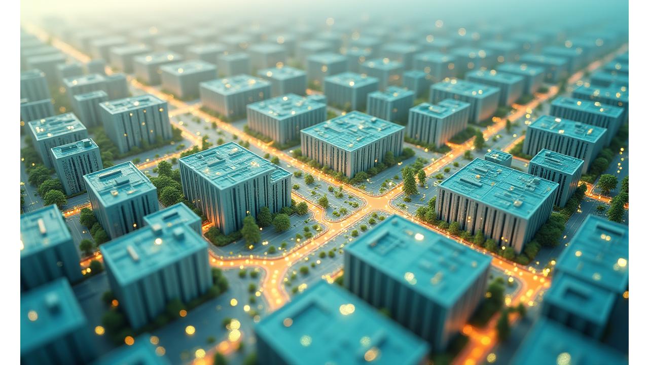 Ein abstraktes 3D-Modell eines intelligenten Stadtviertels (Smart District) aus der Vogelperspektive. Gebäude sind über ein komplexes Netzwerk von Energieflüssen (visualisiert durch leuchtende Linien) verbunden, die verschiedene erneuerbare Energiequellen wie Geothermie (angedeutet durch Pfeile aus dem Boden), Solarpaneele auf Dächern und Batteriespeicher integrieren. Ein digitaler Overlay zeigt AI-basierte Optimierungsdaten.