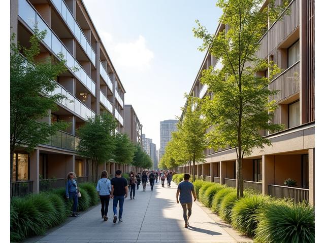 Eine Mischung aus Bestandsgebäuden und modernisierten Fassaden im Düsseldorfer Stadtteil Bilk. Erkennbare Wärmepumpen oder oberirdische Geothermie-Komponenten könnten dezent in die Architektur integriert sein. Menschen interagieren im öffentlichen Raum.