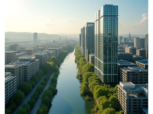 Luftaufnahme des modernisierten Düsseldorfer Hafenquartiers mit prominenten Gebäuden, dem Rhein im Hintergrund und sichtbaren Anzeichen von Geothermie-Infrastruktur oder Wärmeübergabestationen. Ein digitaler Overlay könnte die 500 Wohneinheiten symbolisieren.