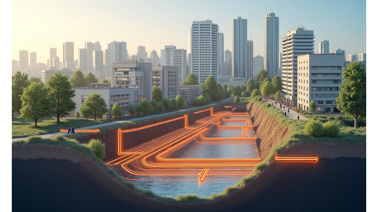 Interaktiver Querschnitt einer modernen europäischen Stadt. Man sieht verschiedene Gebäude mit eingebetteten oberflächennahen Geothermiesonden. Unter der Straße verlaufen horizontale Erdwärmekollektoren, und im Untergrund sind auch Wärmetauscher innerhalb der U-Bahn-Infrastruktur oder Abwassersysteme dargestellt. Alles ist durch ein feines Netz von Wärmeleitungen verbunden. Eine transparente obere Schicht zeigt die Stadtoberfläche mit Straßen, Parks und Menschen.