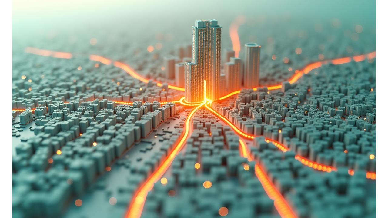 Interaktive 3D-Stadtkarte von Düsseldorf, die das Potenzial für Mikrogeothermie in verschiedenen Stadtteilen und Gebäudeblöcken zeigt, mit leuchtenden Markierungen für potenzielle Standorte und einem unterirdischen Wärmenetz.