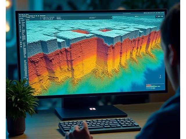 Eine moderne, klare UI eines 3D-Geologie-Modellierungsprogramms, das verschiedene Schichten und Strukturen des Erdinneren in lebendigen Farben anzeigt, auf einem großen Bildschirm.