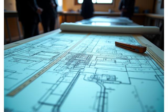 Ein detaillierter Plan eines Bohrplatzes auf einem Zeichentisch, mit technischen Zeichnungen von Bohrausrüstung und Infrastruktur, beleuchtet von Ingenieuren.