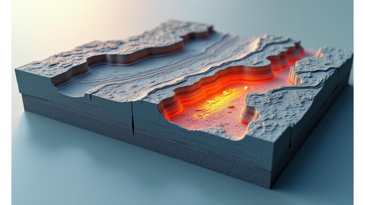 Ein anspruchsvolles 3D-Untergrundmodell, das die komplexe Geologie unter dem Industriepark Neuss visualisiert, mit farbkodierten Schichten und identifizierten Störungszonen, in einer professionellen Software-Ansicht.