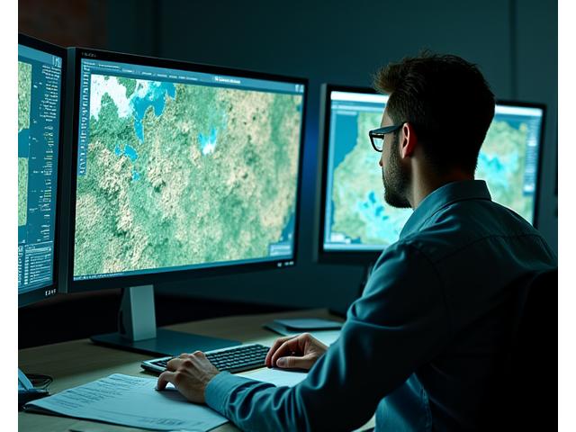 Ein Geologe sitzt vor zwei Bildschirmen und analysiert digitale geologische Karten und Datenbanken, mit überlagernden 3D-Modellen des Untergrunds.