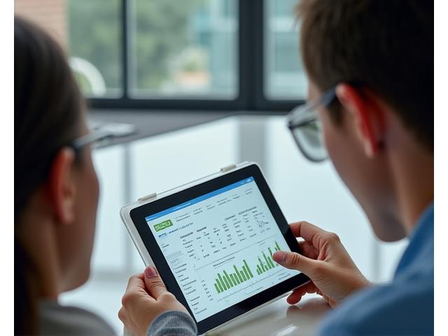 Ein Diagramm oder eine Tabelle, die auf einem Tablet angezeigt wird, mit Daten zur Wirtschaftlichkeitsanalyse und Risiken, während ein Ingenieur mit einem Kunden diskutiert.