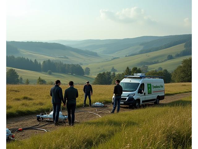 Ein Team von Geologen führt geophysikalische Messungen im Feld durch, mit Sensoren, die auf dem Boden verteilt sind, und einem Messfahrzeug im Hintergrund, vor einer deutschen Landschaft.