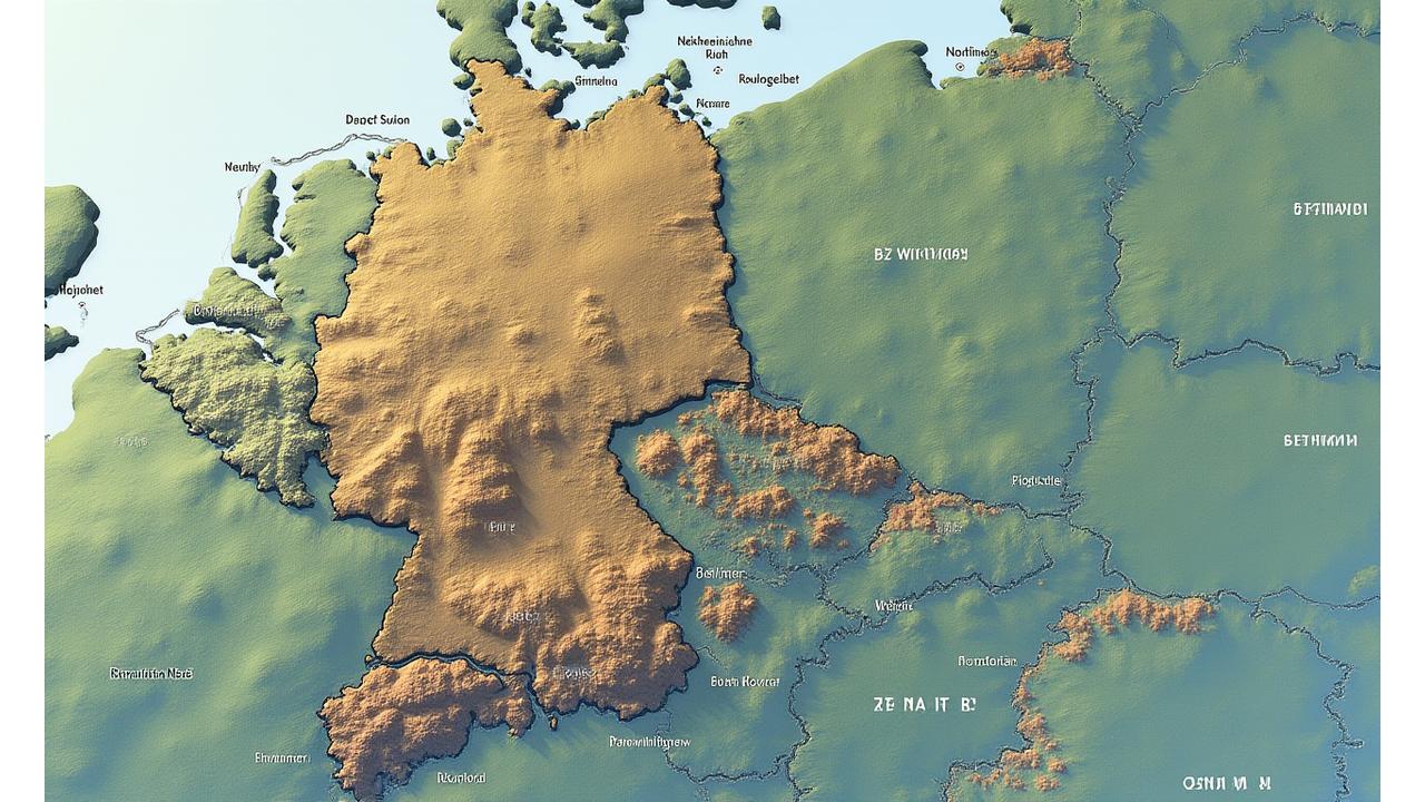Eine detaillierte topografische und geologische Karte von Nordrhein-Westfalen, die farblich unterschiedliche geologische Regionen wie die Niederrheinische Bucht, das Ruhrgebiet und das Rheinische Schiefergebirge hervorhebt.