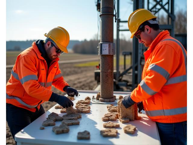 Ein mobiles Bohrgerät in Aktion auf einem Feld, umgeben von Technikern, die Daten von Messgeräten ablesen, mit deutlichen Bohrkerne auf einem Tisch.