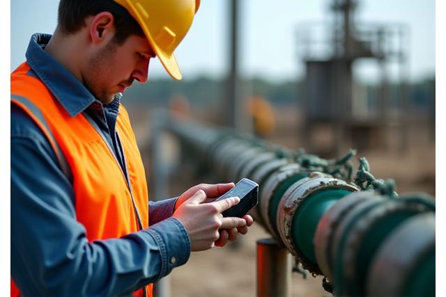 Ein Ingenieur untersucht mit einem Messgerät eine Bohrsonde auf einer Baustelle, achtend auf Präzision und Qualität der Materialien, mit sauberer und professioneller Ausrüstung.