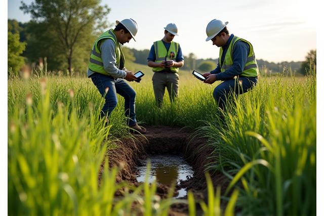 Ein Team von Umweltingenieuren untersucht den Boden und misst Parameter nach einer abgeschlossenen Geothermiebohrung, um sicherzustellen, dass die Umwelt unversehrt bleibt.