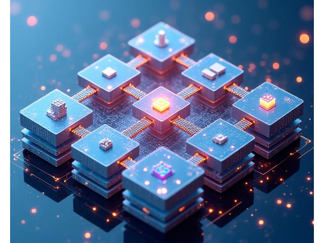 Ein technisches Architekturdiagramm eines intelligenten Stromnetzes mit verschiedenen vernetzten Komponenten wie Sensoren, AI-Einheiten, Blockchain-Modulen und dezentralen Steuerungssystemen. Der Fokus liegt auf der Struktur und den Datenflüssen.