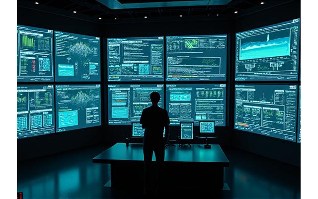 Ein hochmodernes Kontrollraum-Dashboard mit mehreren Bildschirmen, die Echtzeit-Überwachung von Netzdaten, Anomalieerkennung und Störungsmanagement zeigen. Fokus auf die Sicherstellung der Netzstabilität.