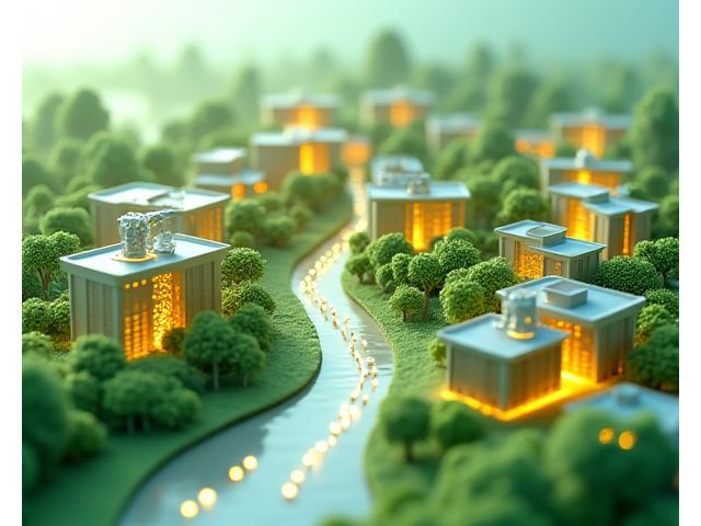 Ein 3D-Modell eines urbanen Viertels mit animierten Energieflüssen zwischen Gebäuden, Geothermieanlagen, Solarpaneelen und Windturbinen. Zeigt die Integration verschiedener erneuerbarer Energien in einem Mikro-Netz.