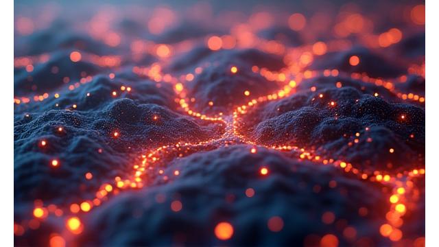 Visuelle Darstellung eines operativen intelligenten Stromnetzes mit Echtzeit-Datenflüssen und Energieerzeugung aus Geothermie. Netzwerk von verbundenen Knoten und leuchtenden Linien, die den Energiefluss darstellen.