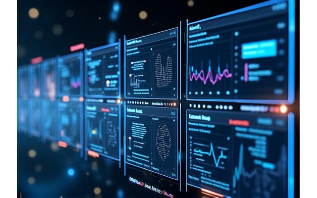 Ein Dashboard mit Live-Optimierungsmetriken für ein AI-gesteuertes Stromnetz. Diagramme, Grafiken und numerische Anzeigen visualisieren Lastprognosen, Energieflüsse und Effizienzsteigerungen durch maschinelles Lernen.