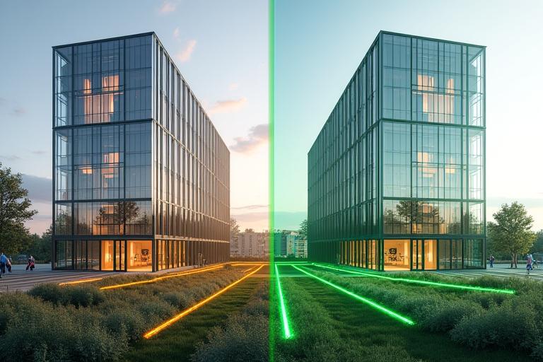 Vorher-Nachher-Vergleich eines Bürokomplexes im Düsseldorfer Hafen mit integrierter Geothermieanlage