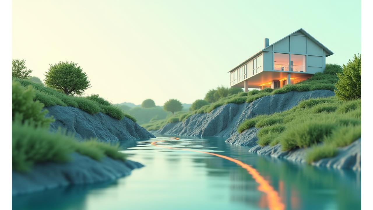 3D-Visualisierung einer hochmodernen Geothermie-Anlage mit Energieflüssen und Datenoverlay