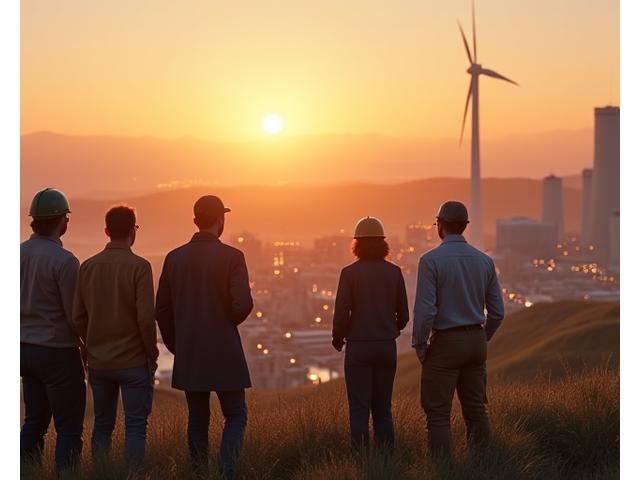Team von Erdwärme Hub arbeitet an einer intelligenten Geothermie-Anlage im Sonnenuntergang