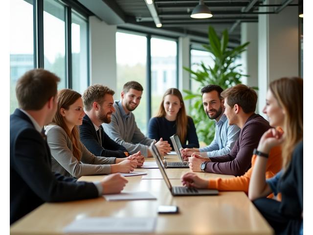 Teammitglieder von Erdwärme Hub in einer modernen Büroumgebung, kollaborativ arbeitend und lachend