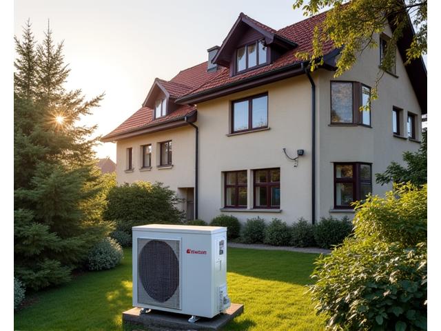 Historisches Altbaugebäude mit sichtbaren Sanierungsmaßnahmen am Dach und an der Fassade, daneben eine moderne Erdwärmepumpe, die diskret in den Garten integriert ist. Der Kontrast zwischen alter Bausubstanz und moderner Technologie ist klar erkennbar.