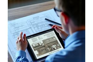 Ingenieur bei der präzisen Planung und Dimensionierung einer Wärmepumpenanlage auf einem Tablet, mit technischen Zeichnungen und Berechnungen im Hintergrund.