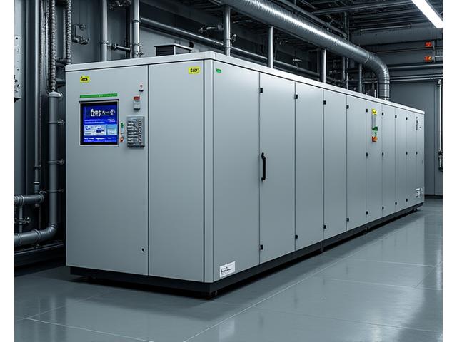 Große industrielle Erdwärmepumpenanlage in einem modernen Technikraum, sauber organisiert mit sichtbaren Rohleitungen und digitalen Überwachungsbildschirmen. Das Bild vermittelt Präzision und Funktionsfähigkeit.