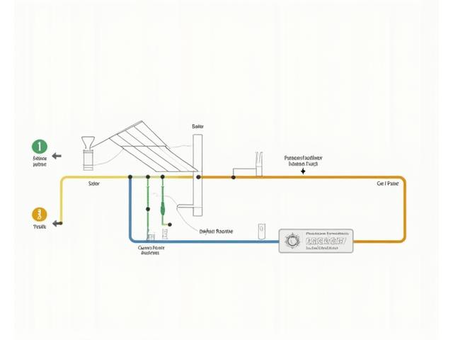 Schematische Darstellung eines Hybrid-Heizsystems, das eine Erdwärmepumpe, Solarpaneele und einen Gaskessel miteinander verbindet, wobei die Energieflüsse durch farbige Linien visualisiert werden. Sauber und technisch erklärt.