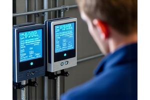 Techniker bei der Inbetriebnahme einer Wärmepumpenanlage, überprüft digitale Anzeigen und führt letzte Tests durch. Der Fokus liegt auf der Verifizierung der Leistung.