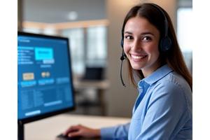 Kundensupport-Mitarbeiter im Erdwärme Hub Büro, der einem Kunden telefonisch bei Fragen zur Wärmepumpe hilft, symbolisiert fortlaufende Unterstützung. Ein freundliches und engagiertes Gesicht.