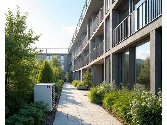 Mehrfamilienhaus mit grüner Fassade und einem modernen Erdwärmepumpensystem im Garten, das durch ein dezentes, elegantes Design gekennzeichnet ist. Die Anlage fügt sich harmonisch in die Umgebung ein.