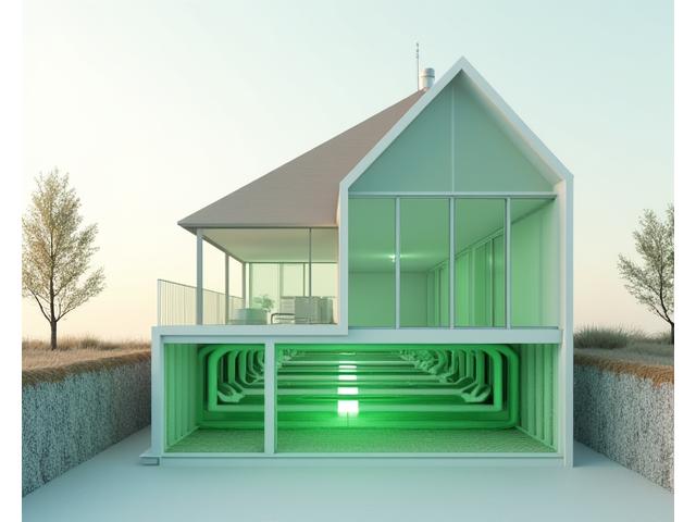 3D-Modell eines modernen Neubaus mit transparenten Wänden, das die nahtlose Integration eines Erdwärmepumpensystems zeigt, einschließlich Erdkollektoren unter dem Gebäude und der Heizungsanlage im Technikraum. Hell und technisch akkurat dargestellt.