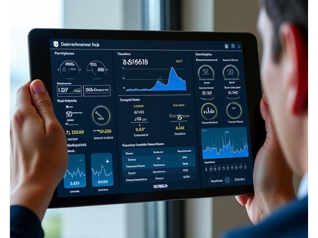 Digitales Performance-Dashboard mit interaktiven Grafiken und Echtzeitdaten zur Effizienz einer Wärmepumpe, Trendanalysen und Warnmeldungen.
