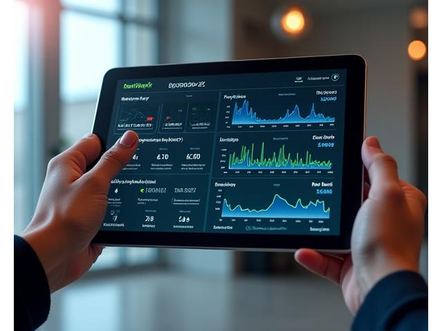Interaktiver digitaler Bildschirm, der ein komplexes Steuerungssystem für eine Erdwärmepumpe zeigt, mit Live-Daten, Prognosen und Einstellungsoptionen. Die Oberfläche ist modern, sauber und intuitiv gestaltet.
