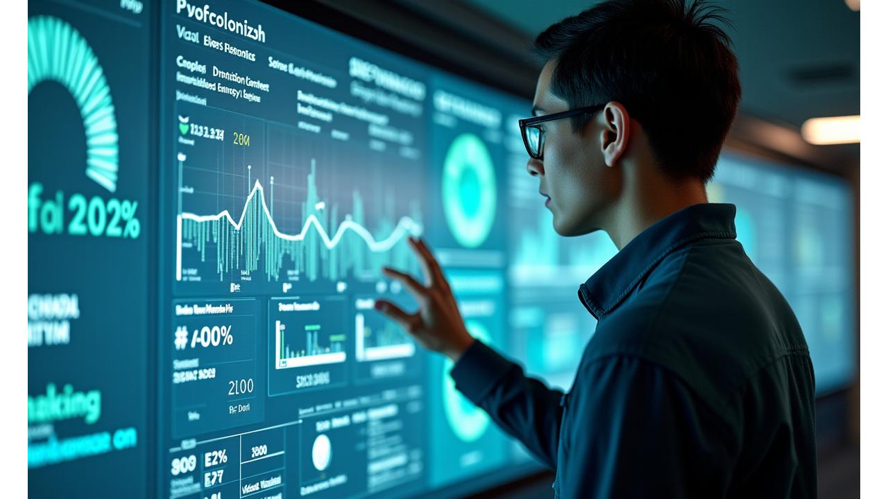 Techniker analysiert Geothermie-Anlagen-Dashboard mit Live-Daten und grünen Metriken