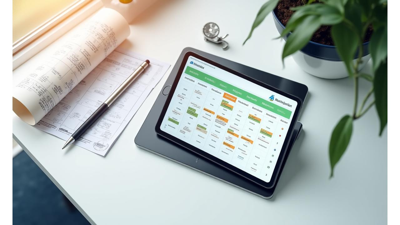 Digitaler Wartungsplaner auf einem Tablet, überlagert mit Icons von Zahnrädern und einem Kalender